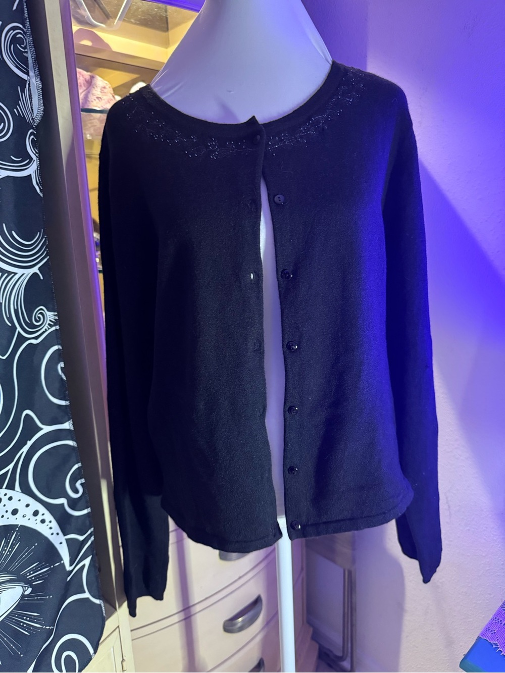 Vintage G.H. Bass Beaded Collar Knit Cardigan Sweater Size Large L Black - Picture 2 of 6